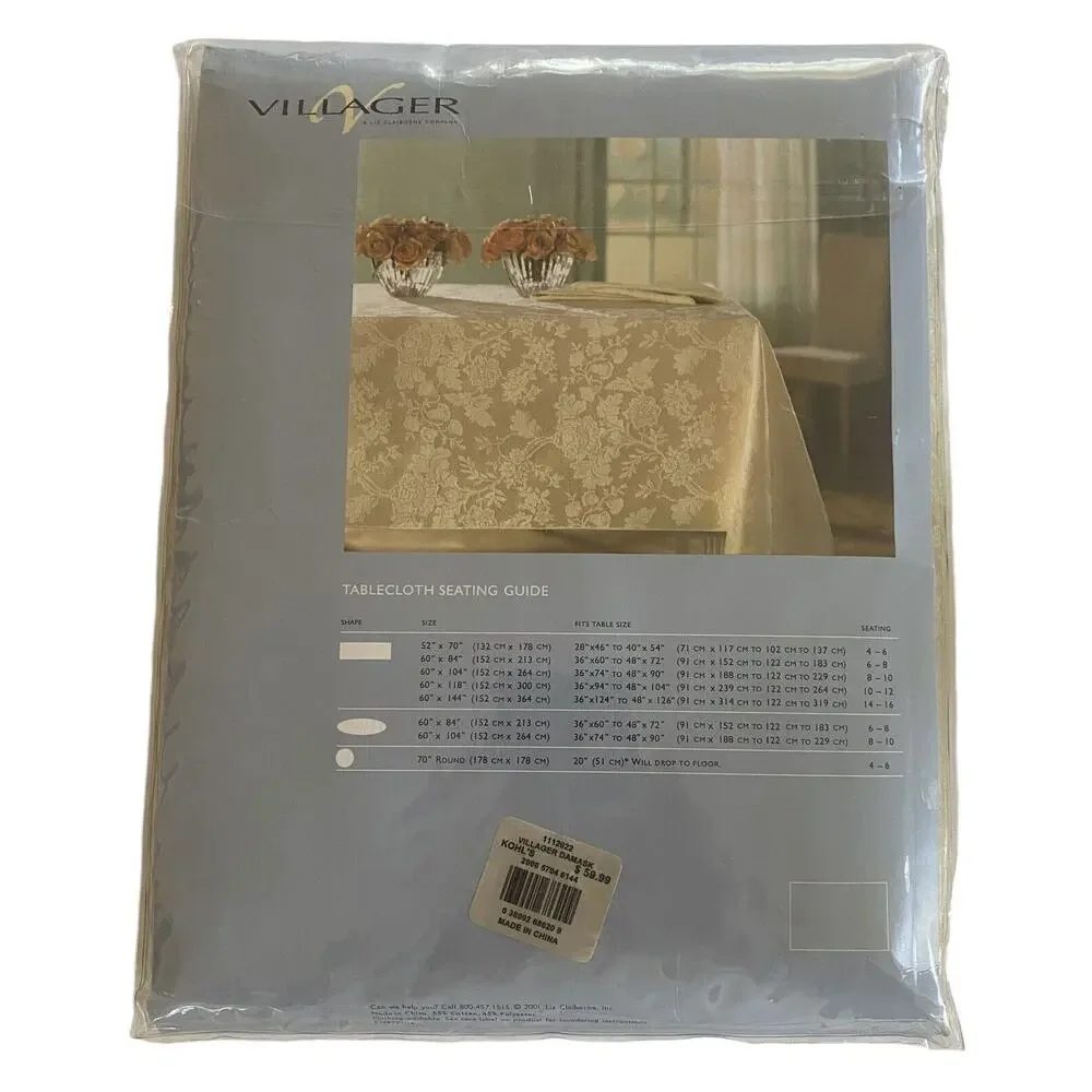 Liz Claiborne Villager Rectangle 60” X 144” Elegant Gold Damask Tablecloth NIP
